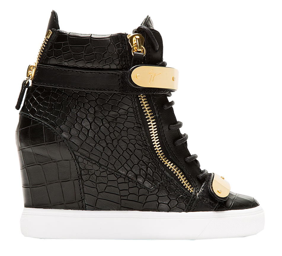 Giuseppe Zanotti black crocodile skin leather gold straps wedge sneakers