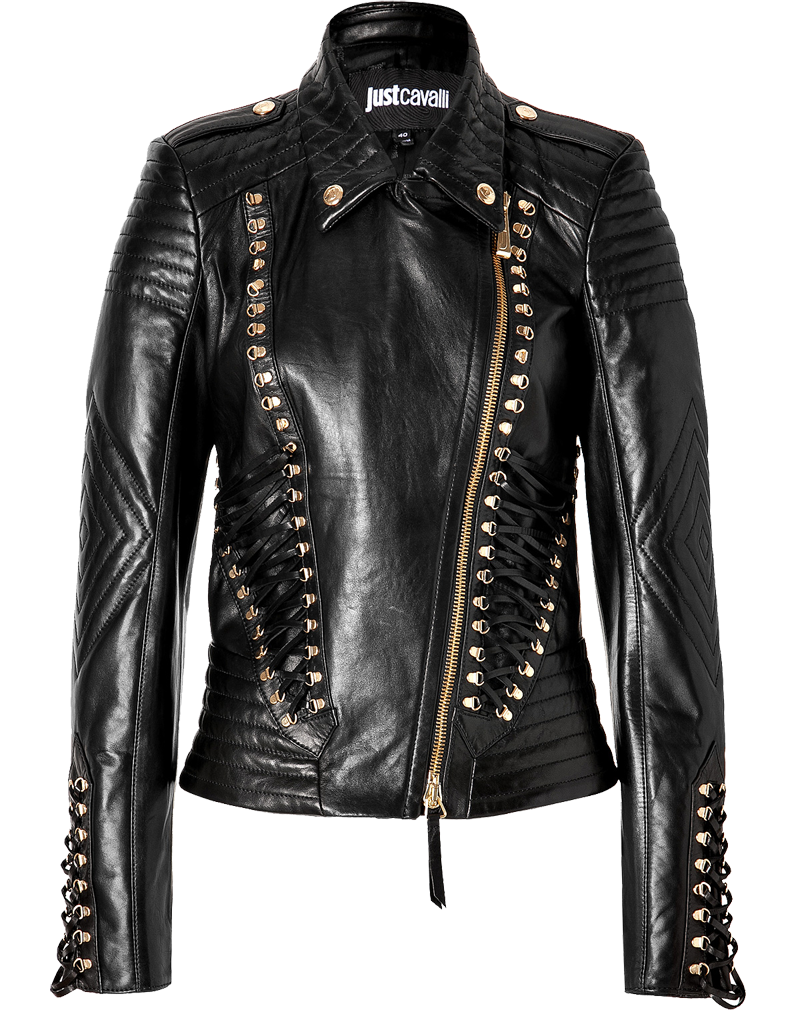 Just Cavalli gold studded black Leather Jacket