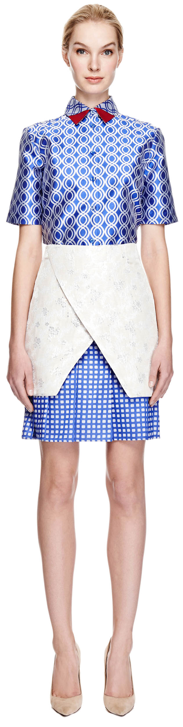 Model wearing Ostwald Helgason wrap-effect layered checkered jacquard skirt