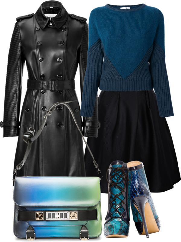 Nicholas Kirkwood teal snakeskin ankle boots carven teal sweater Thakoon Addition black flared skirt burberry black leather trench coat Proenza Schouler blue ombre bag