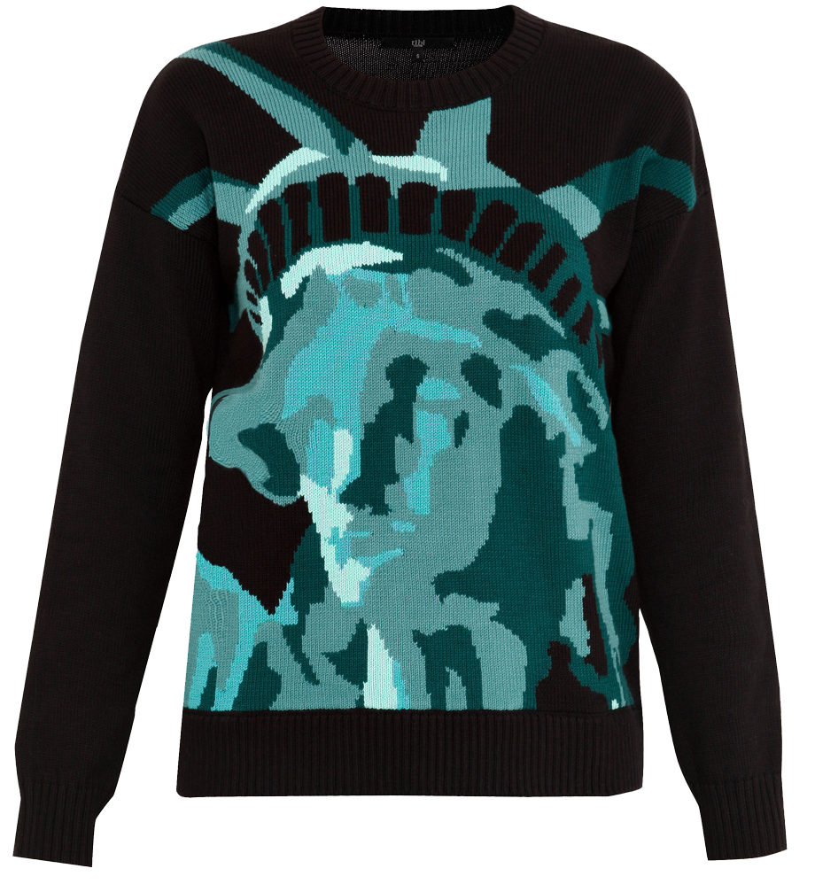 Tibi black sweater with green Statue of Liberty intarsia print