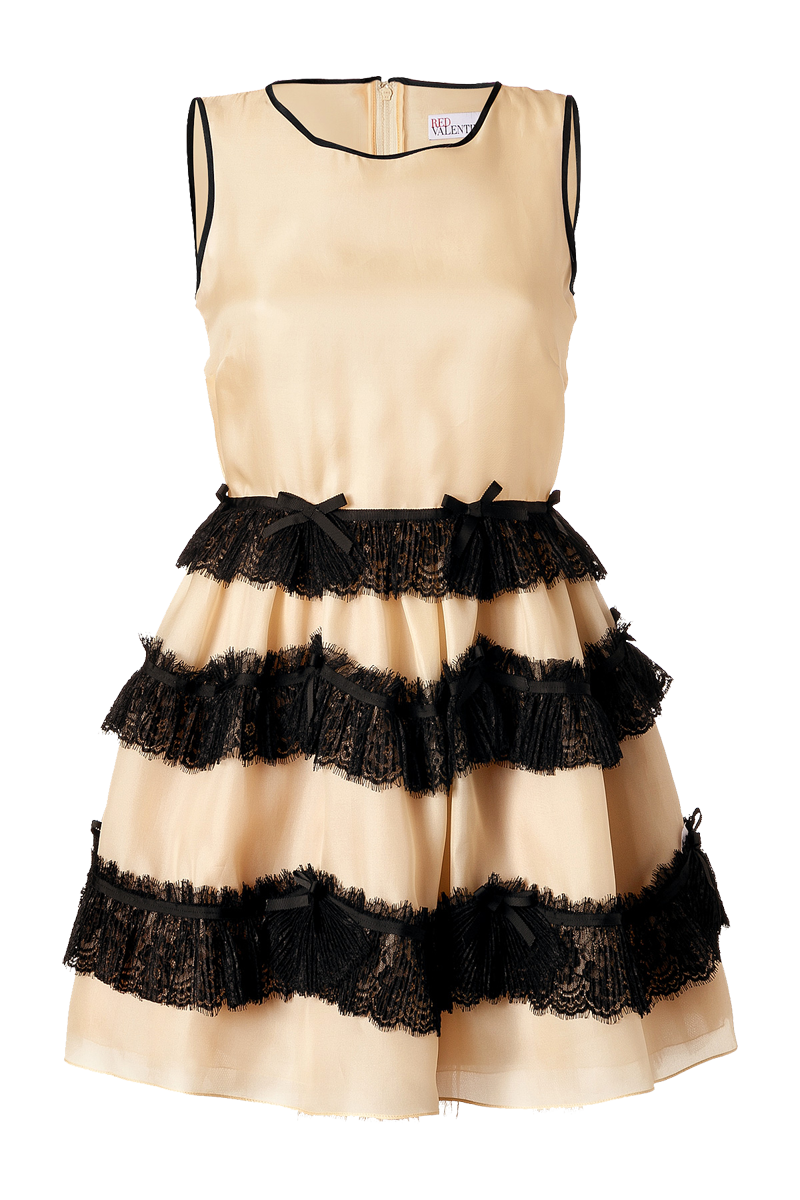 Valentino R-E-D nude silk dress with black lace trim