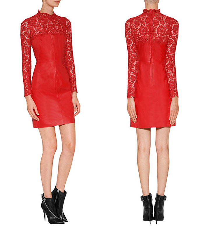 Valentino red Leather Lace long-sleeved fitted short Dress