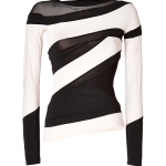 Donna Karan black cream-white stretch-jersey sheer tulle asymmetric long sleeve blouse