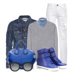 Marc Jacobs electric blue wedge leather sneakers GIVENCHY Blue Leather bag denim jacket gray sweater denim shirt black sunglasses