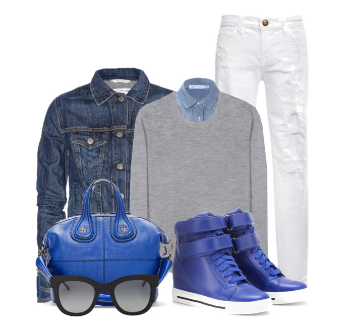 Marc Jacobs electric blue wedge leather sneakers GIVENCHY Blue Leather bag denim jacket gray sweater denim shirt black sunglasses