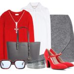 Miu Miu chunky heel red suede Mary Jane style pumps gray skirt white blouse red sweater gray leather bag