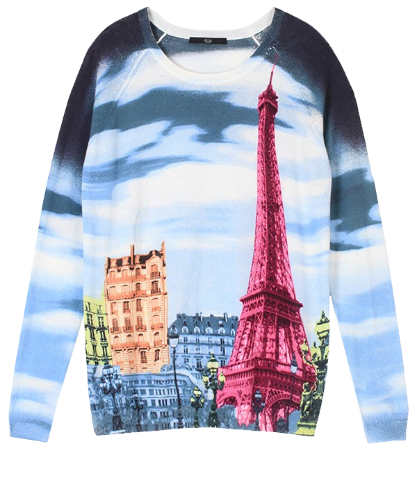 Tibi Raglan black-multi pullover with Eiffel tower print sweater