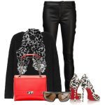LANVIN POPPY RED LEATHER HAPPY EDGY MEDIUM SHOULDER BAG with black leather pants black sweater Christian Louboutin leopard print pumps leopard print scarf