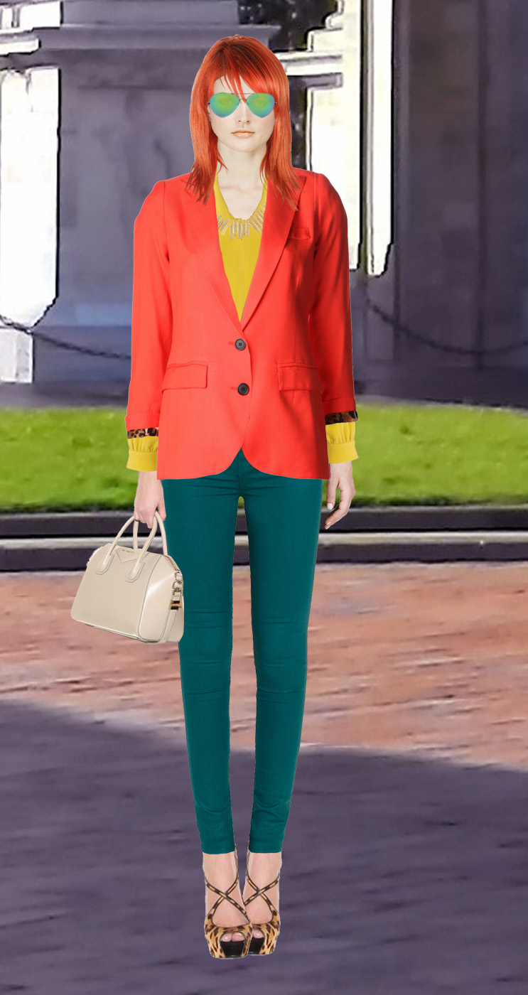 go bold for spring in green j brand skinny jeans yellow silk blouse vermillon blazer Gucci leopard print pumps