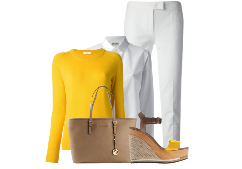 yellow sweater white cropped pants wedge sandals leather bag