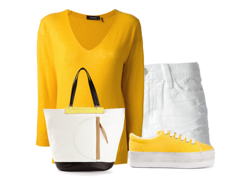 yellow sweater white shorts yellow canvas sneakers