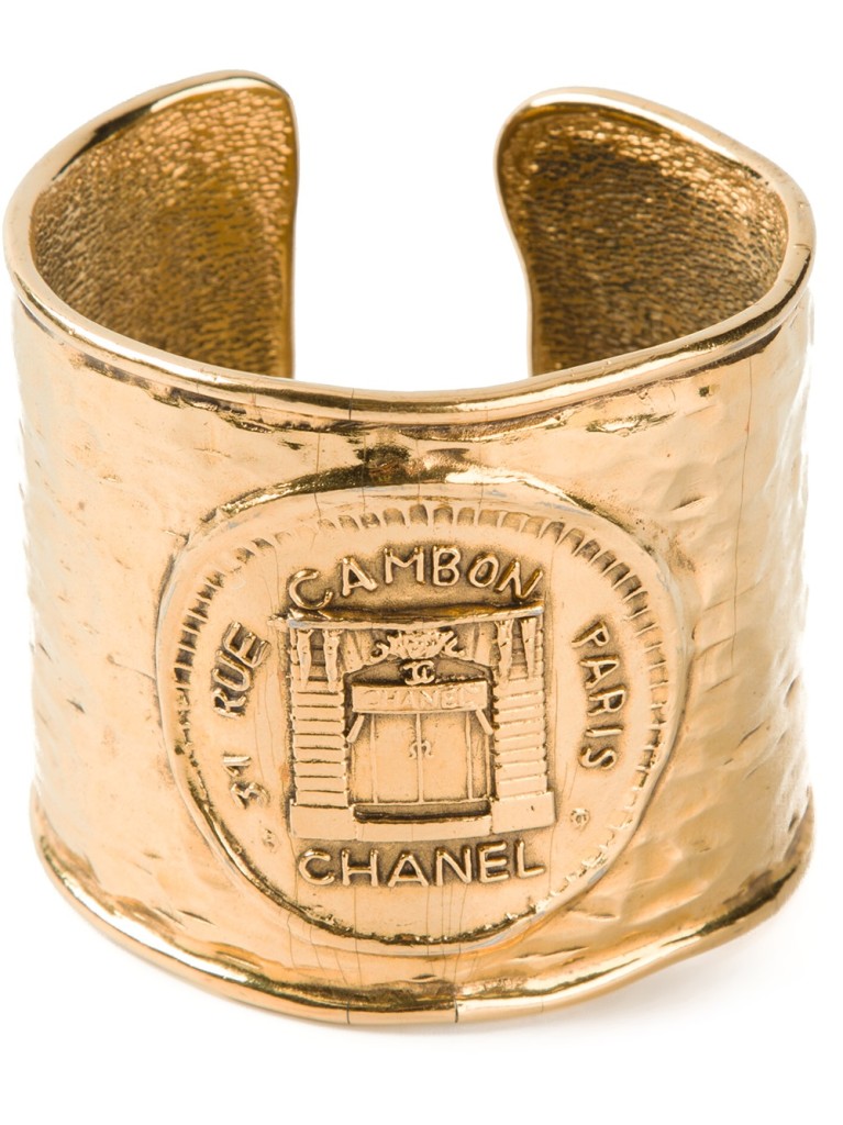 Gold plated metal logo emblem cuff from Chanel Vintage