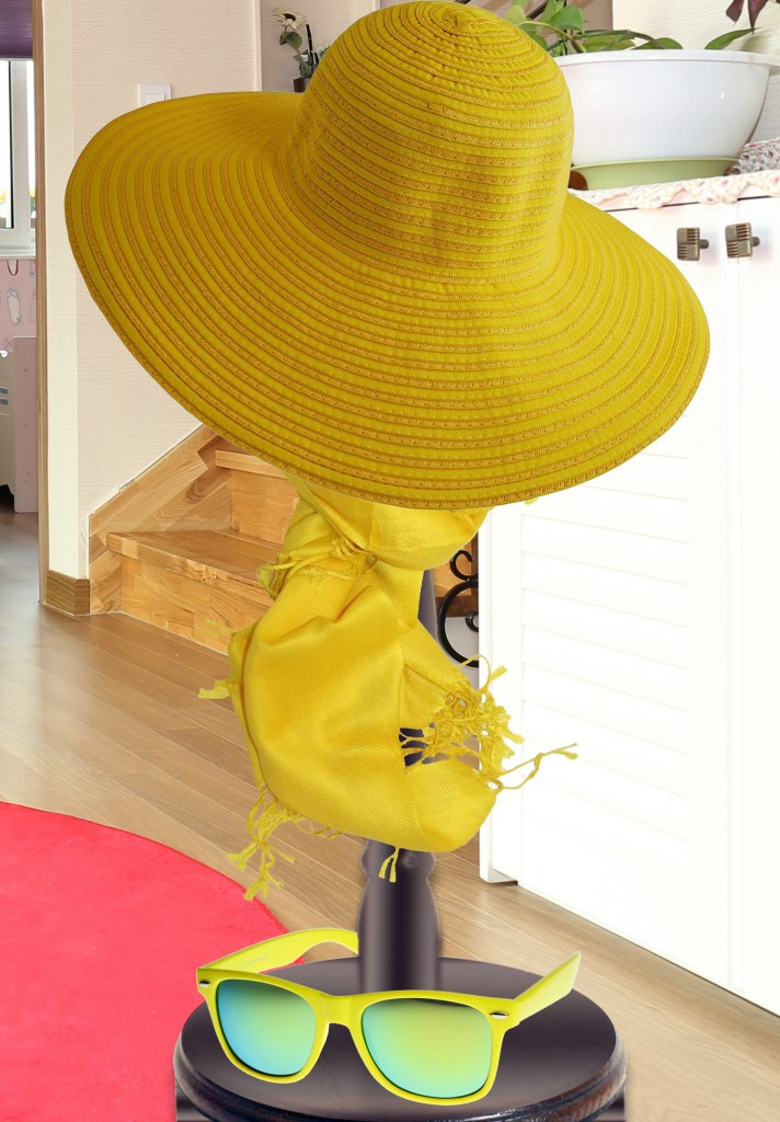 Yellow sun hat yellow scarf yellow rimmed sunglasses
