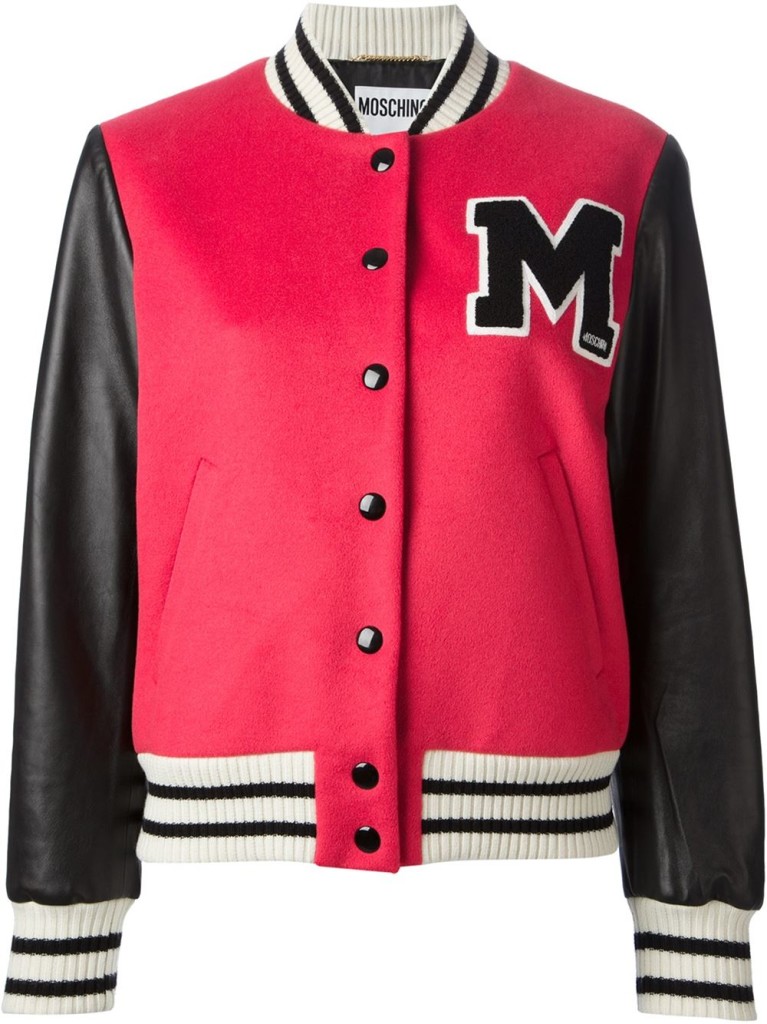 Moschino red black white virgin wool sheepskin varsity bomber jacket