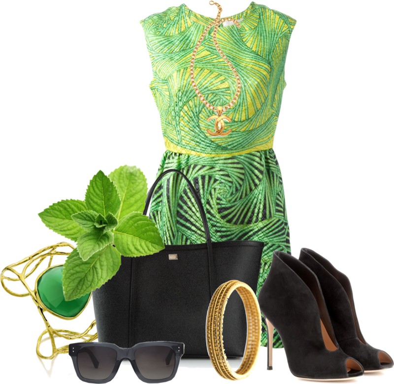 Peter Pilotto green print Gia dress Gianvito Rossi black suede ankle boots
