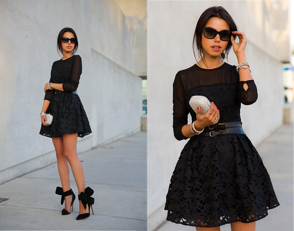Annabelle Fleur models a very elegant look featuring a little black lace dress with Aminah Abdul Jilil bow pumps