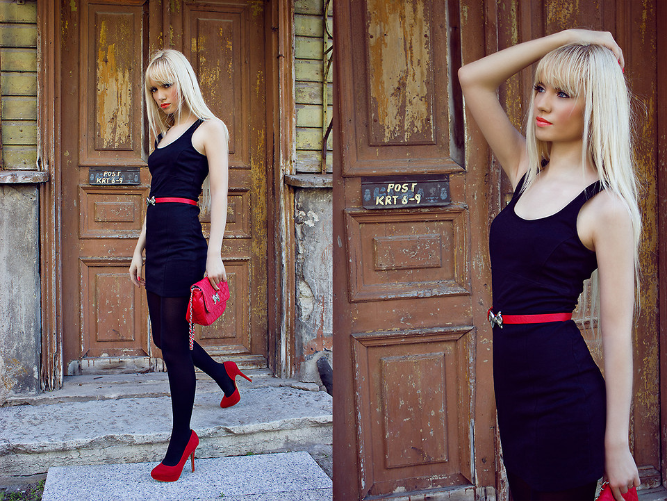 Blogger Oksana Orehhova models a little black dress with red high heels