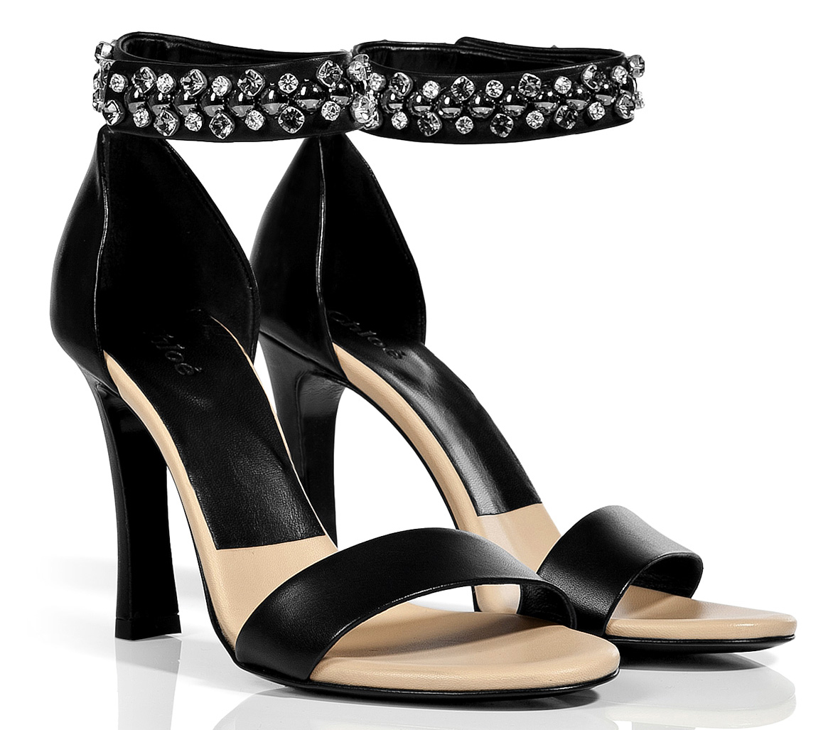 Chloe Black Leather Jeweled Ankle Strap Sandals