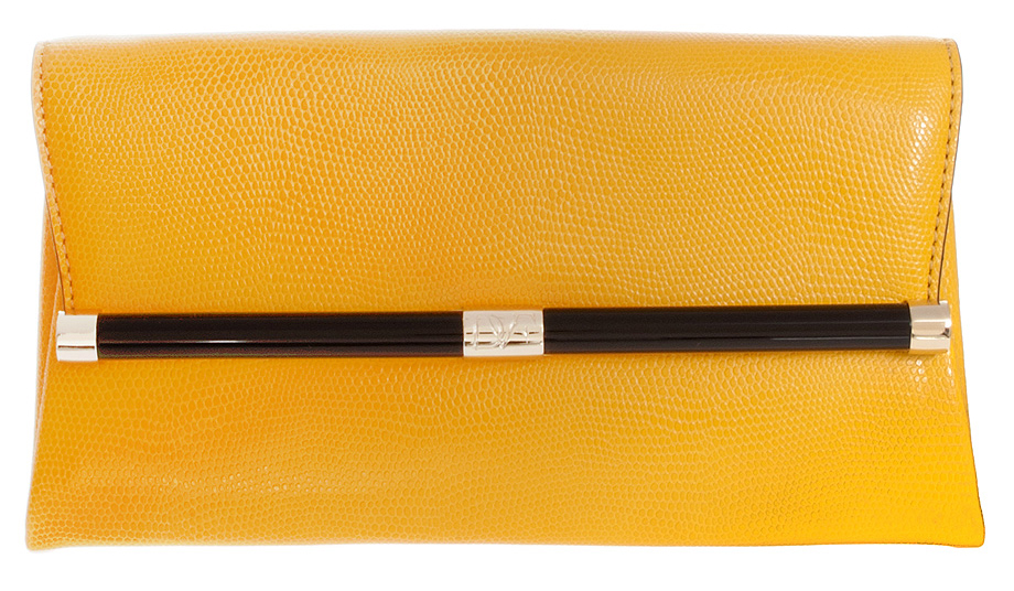 DIANE VON FURSTENBERG 440 mustard yellow Embossed Lizard Leather envelope clutch