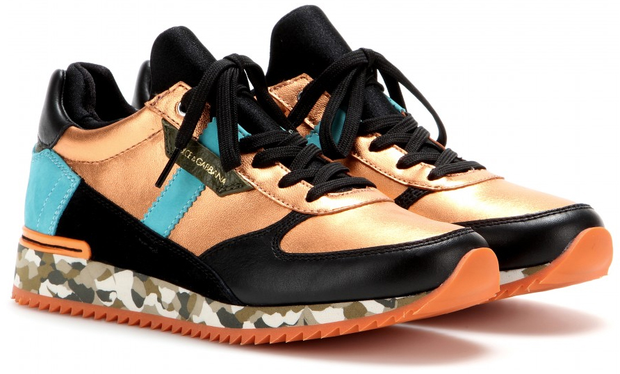 Dolce Gabbana Metallic orange black leather turquoise suede army print sole sneakers