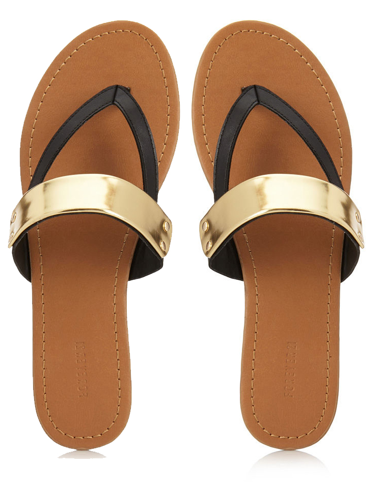 Faux leather flip flops featuring a metallic accents