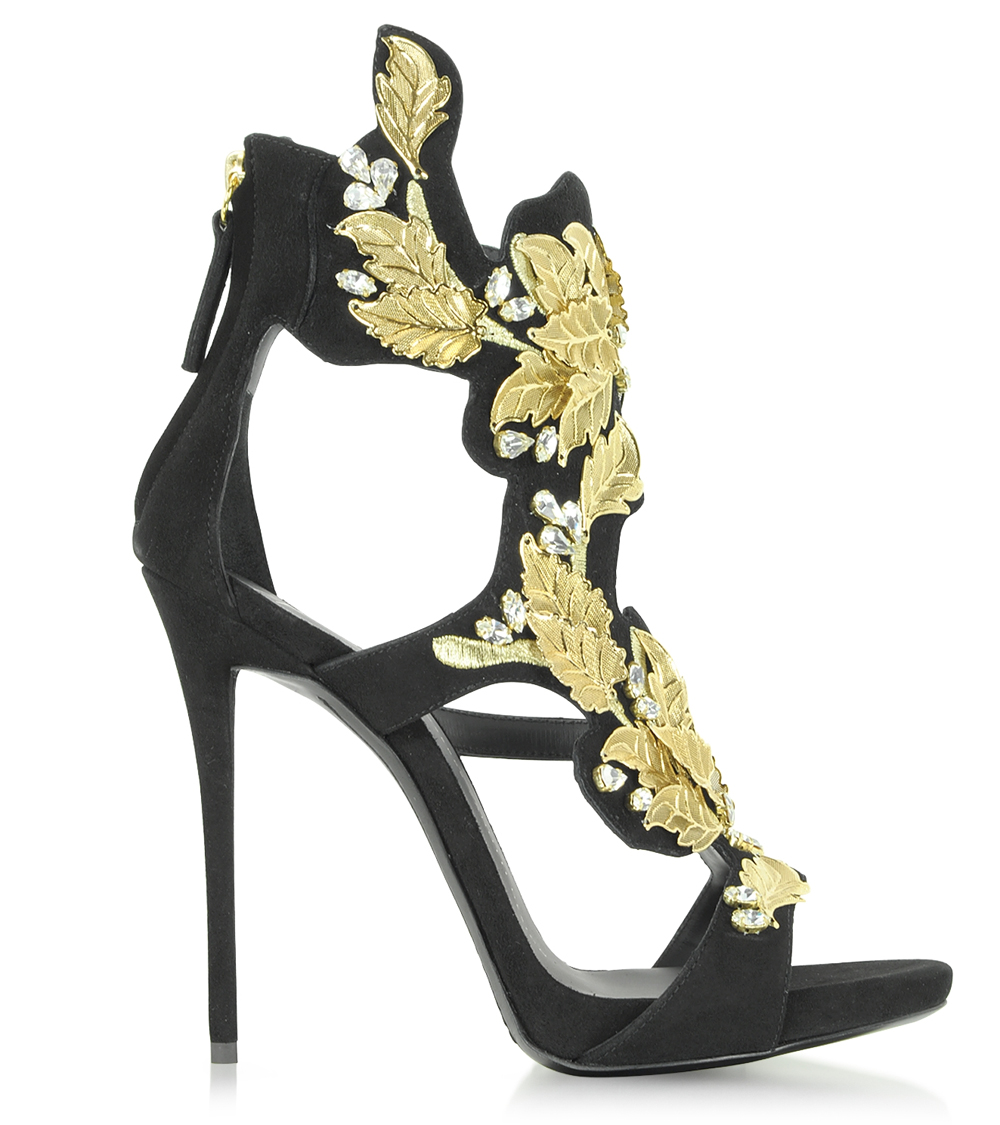 Giuseppe Zanotti Black Suede High Heel Sandal w Crystal and Gold Leaf Filigree Detail