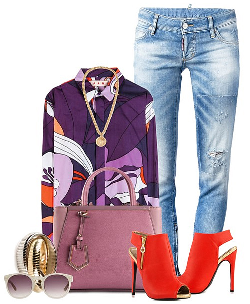 Marni purple print cotton shirt dsquared2 jeans lilac lavender leather bag tangerine sandals - purple fashion looks