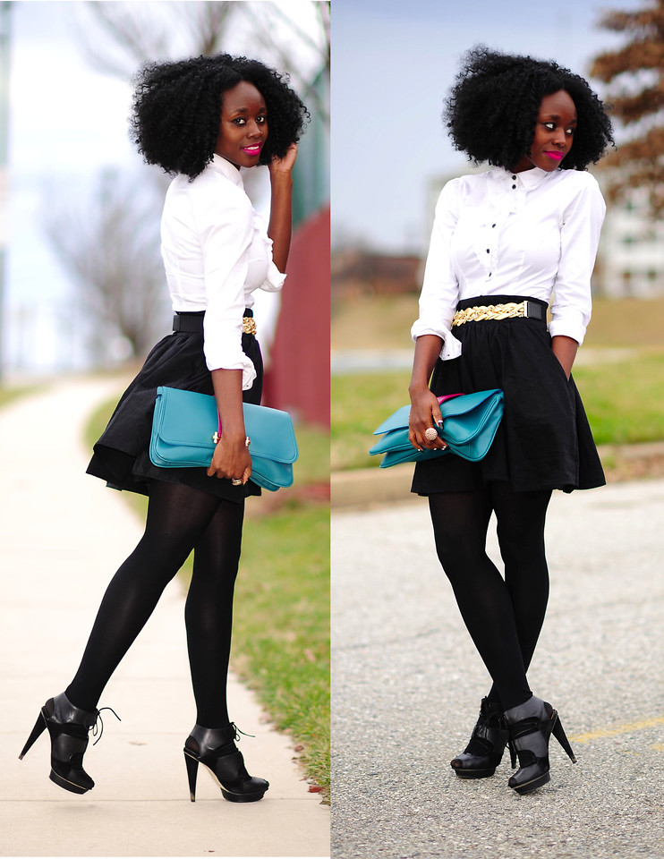 Nifesimi Skinny Hipster blog white top flared black skirt black tights black strappy sandals