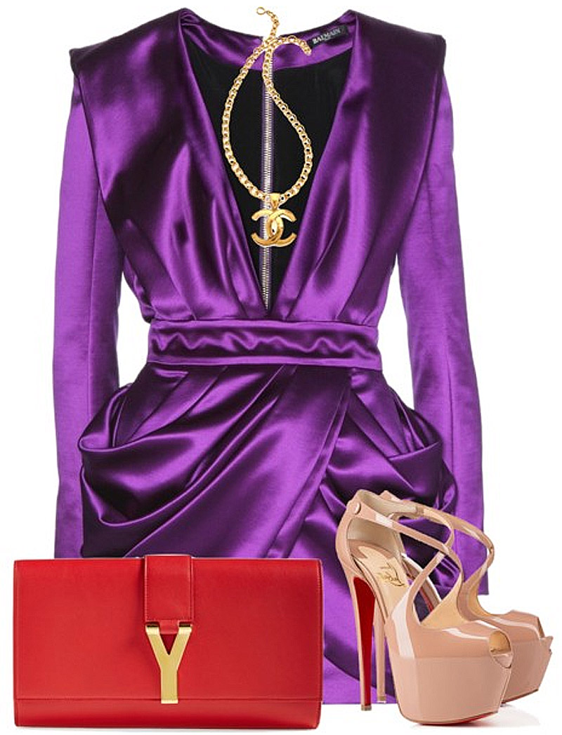 Purple balmain dress red saint laurent clutch nude Christian louboutin heels