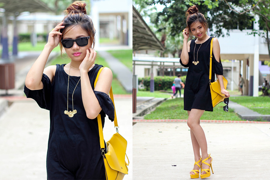 Singapore blogger Anico Hanna G models a little black dress with yellow strappy high heel sandals and a yellow shoulder bag