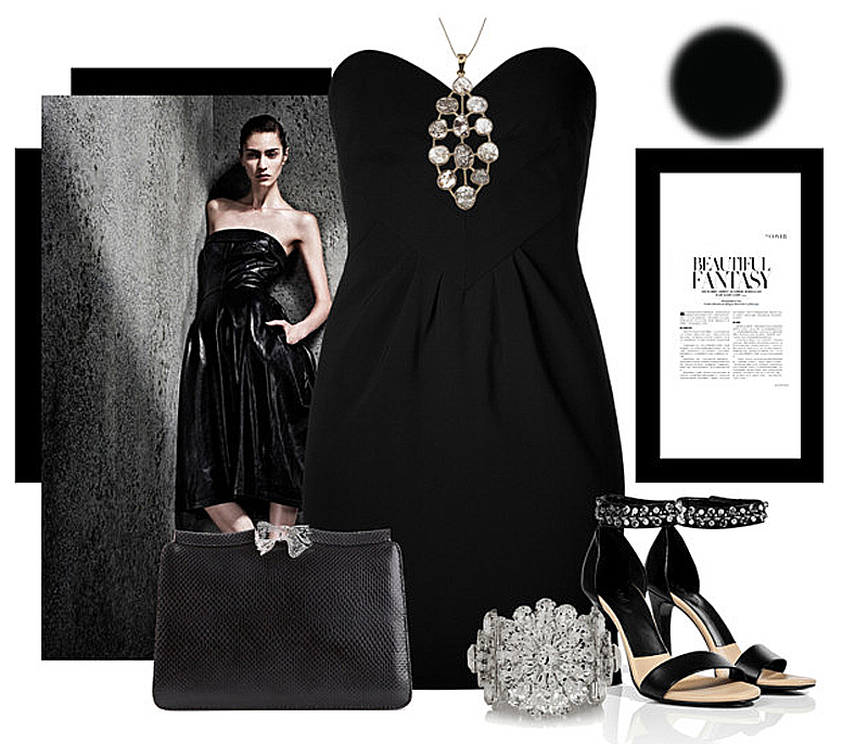 little black dress black silver shoes silver diamond crystal accessories