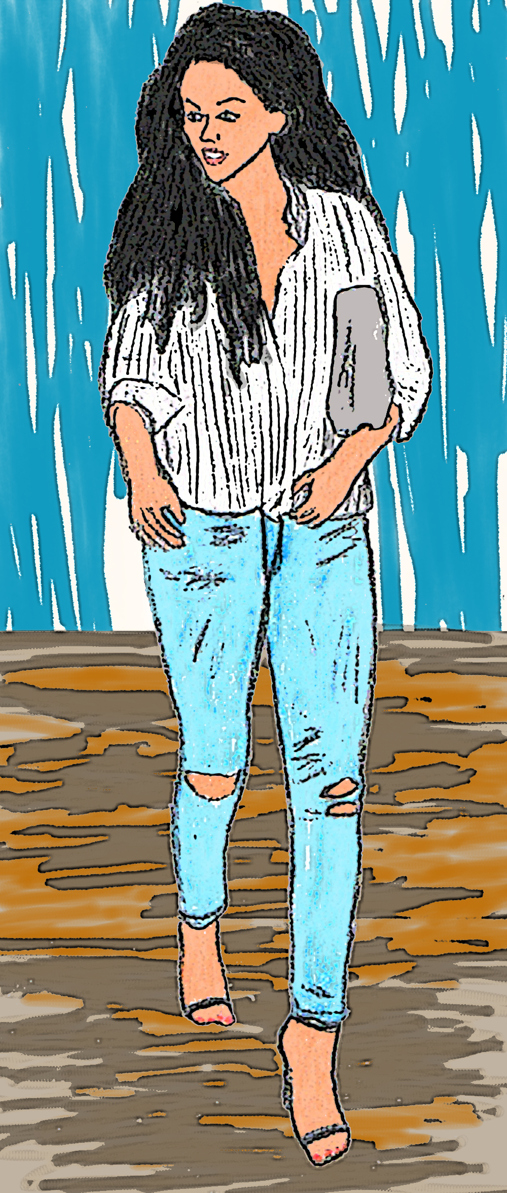 rihanna drawing striped shirt ripped jeans