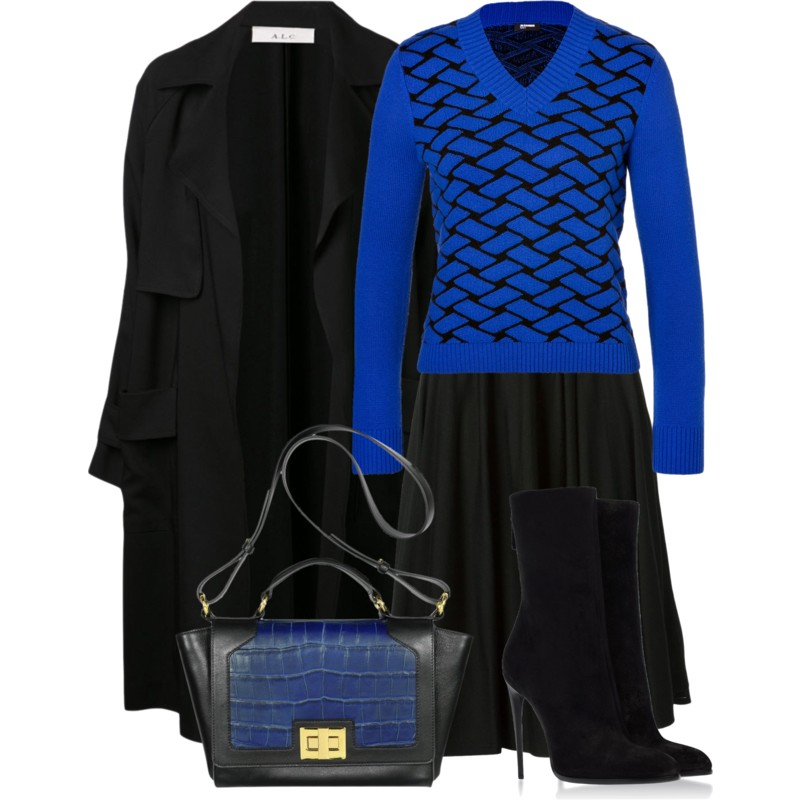 A JIL SANDER NAVY Wool-Cashmere Basket Weave blue black sweater with a black midi length skirt and mid-calf ankle boots