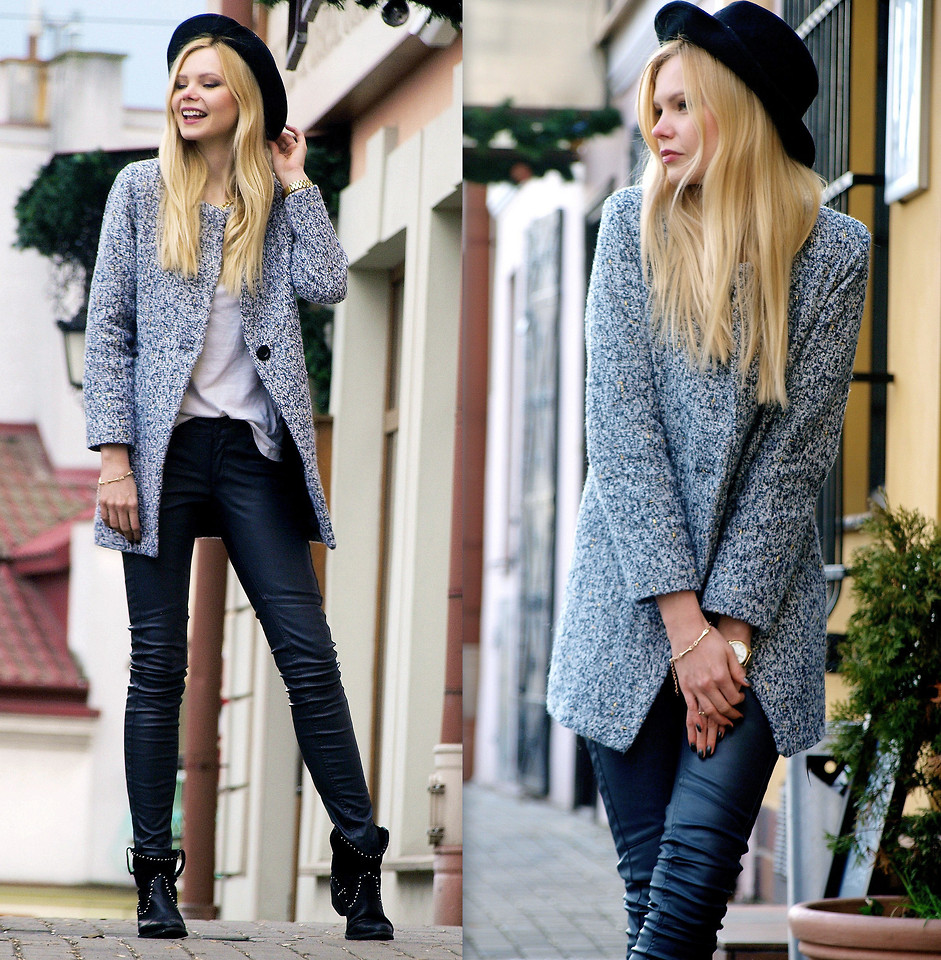 Blogger Natalia M from Poland wears a SheInside Grey Long Sleeve Single Button Tweed Coat