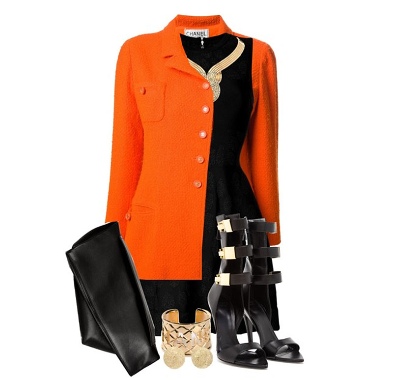 Chanel orange vintage buttoned blazer ISSA Intarsia Knit Bay Dress VERSUS Leather Sandals with Triple Gold Clasp