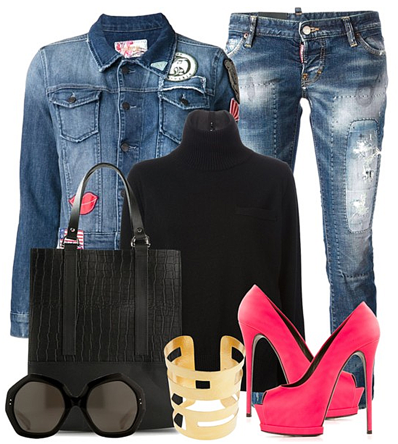 Gianmarco Lorenzi Classic Platform Pumps with black turtleneck sweater dsquared2 bleached ripped jeans and SIWY Gia denim jacket