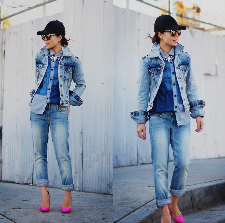 Hallie S who blogs via halliedaily gives her all denim ensemble a pop with a pair of bright pink pumps