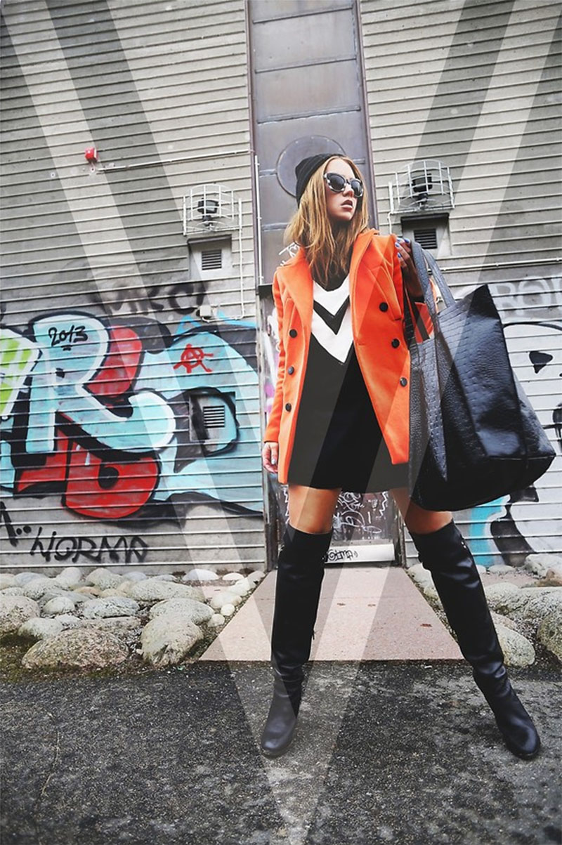 Madelene Billman freelance stylist blogger wears an orange jacket from Choies