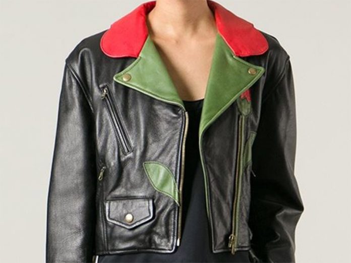 Moschino Vintage black red green leather flower biker jacket