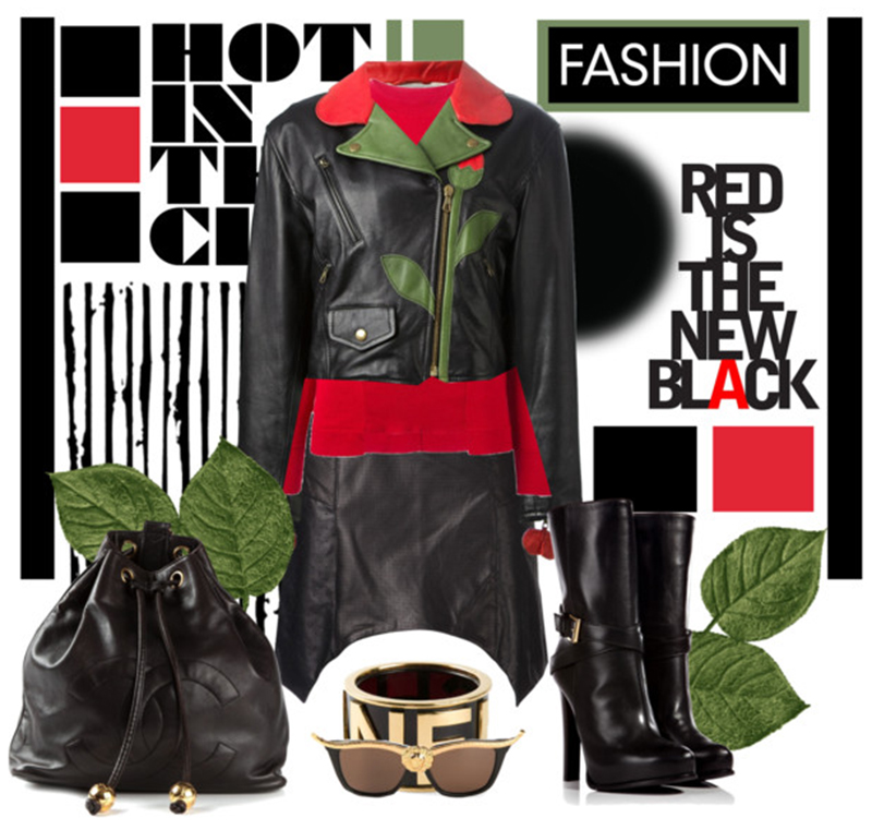 Moschino Vintage flower biker jacket red Marni sweater black leather skirt biker boots