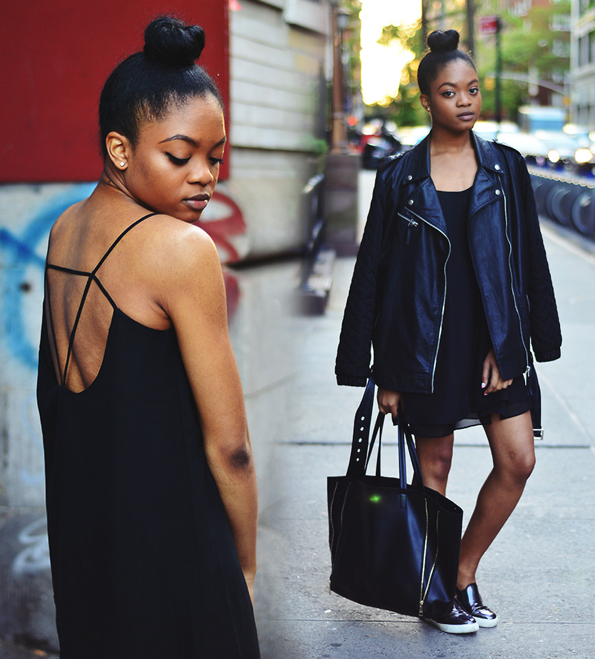 Street style blogger Alicia Nicholls wearing SheInside Black Sleeveless Spaghetti Straps Backless Dress