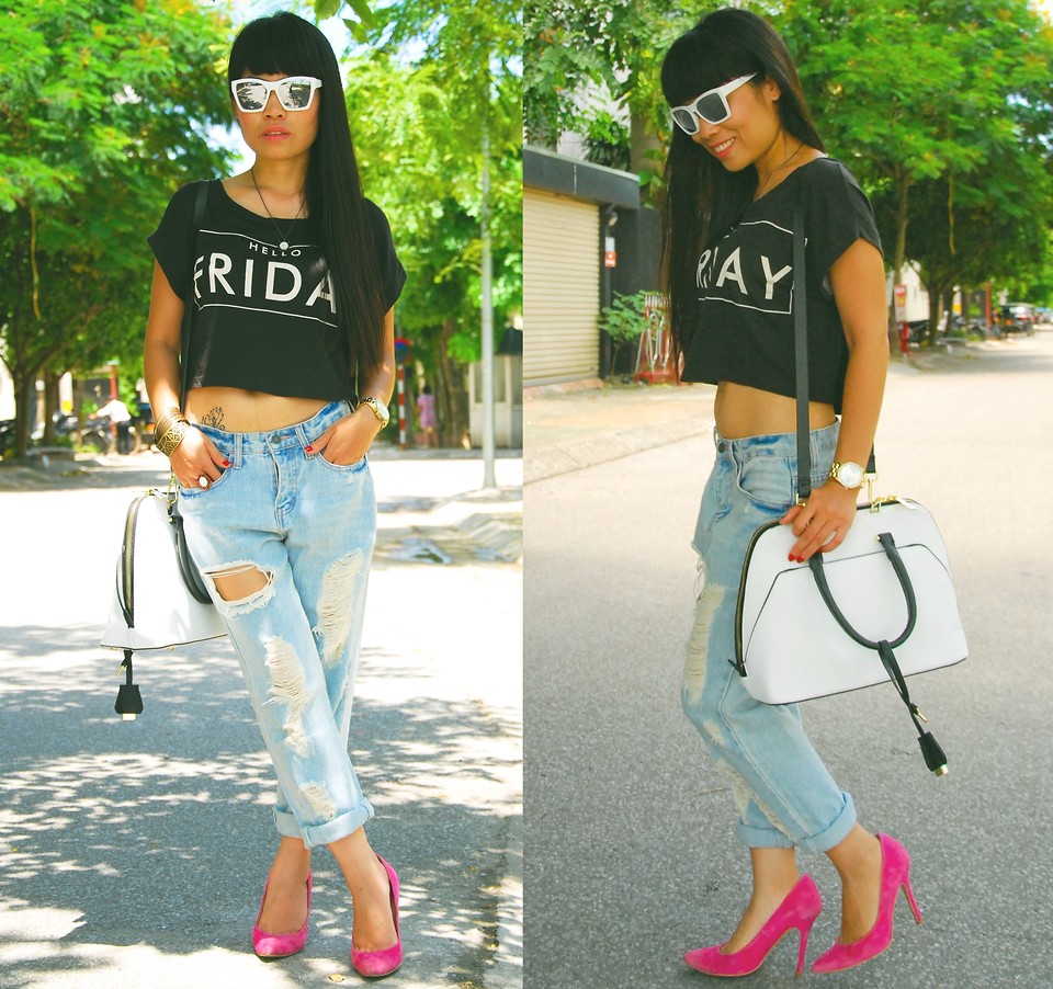 Thuy Bee from Vietnam wearing hot pink pumps boyfriend jeans cropped top
