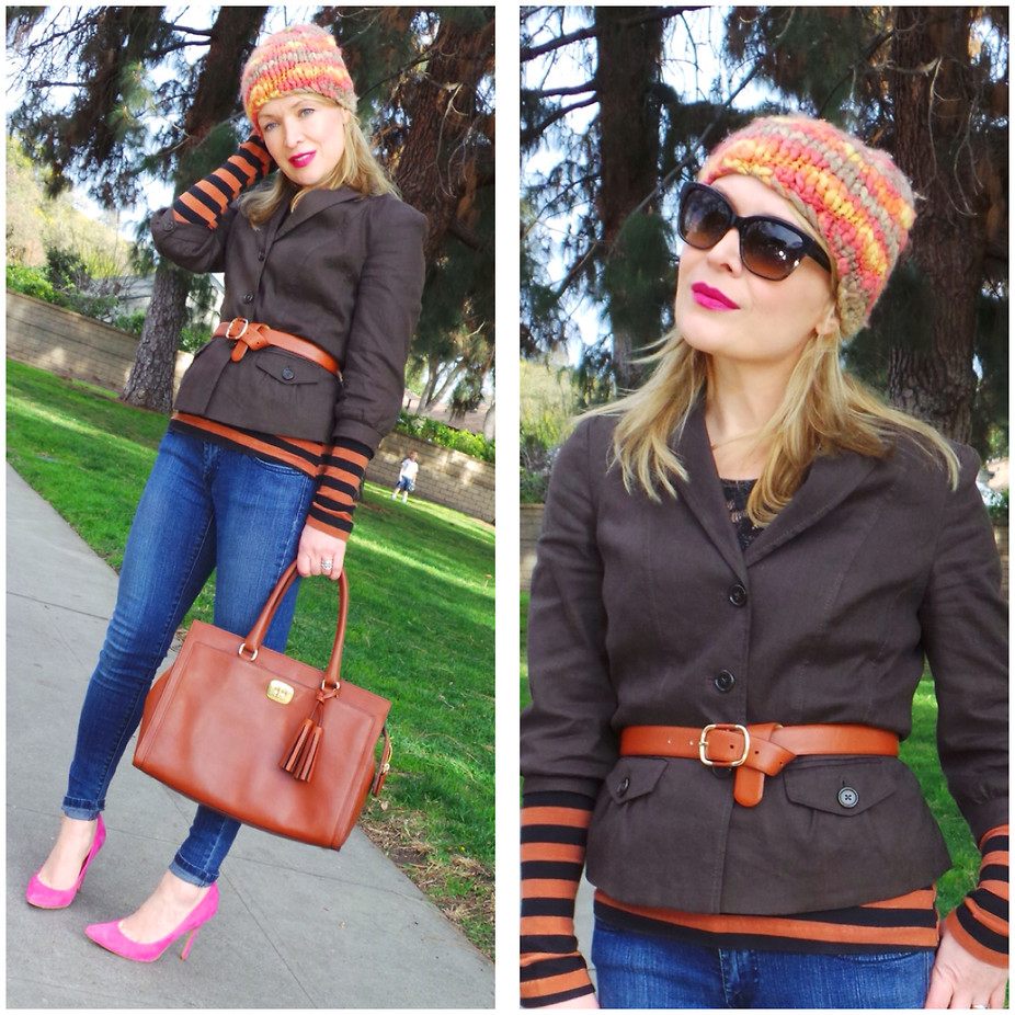 Zia Dominic thehuntercollector Blogger Burbank CA United States wears pink pumps with an orange and black striped top