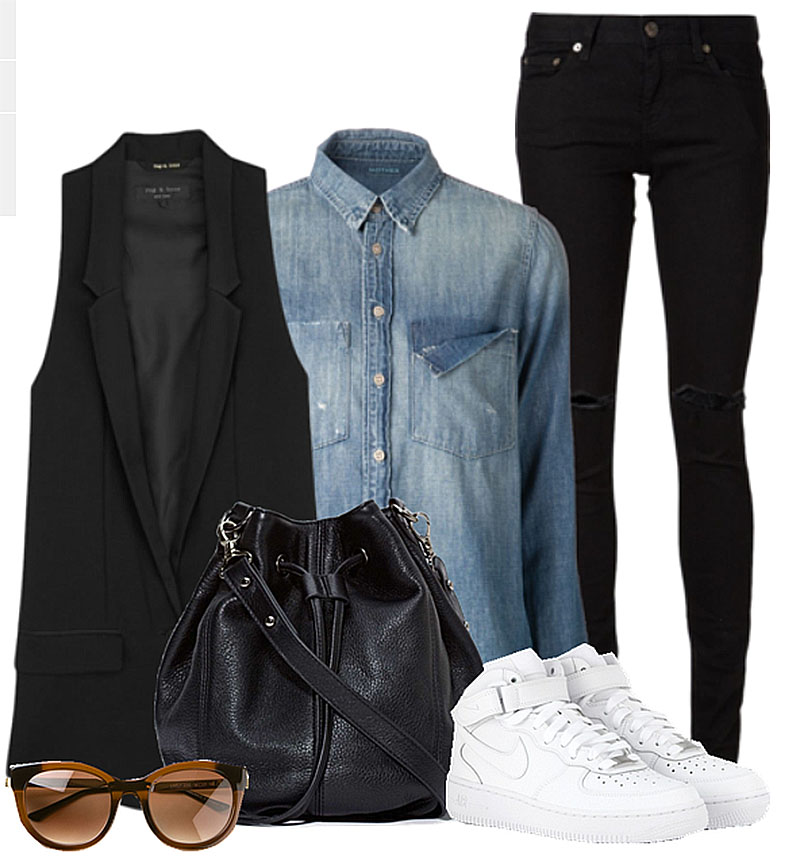 Black vest over denim jacket with black jeans white sneakers black bag brown sunglasses
