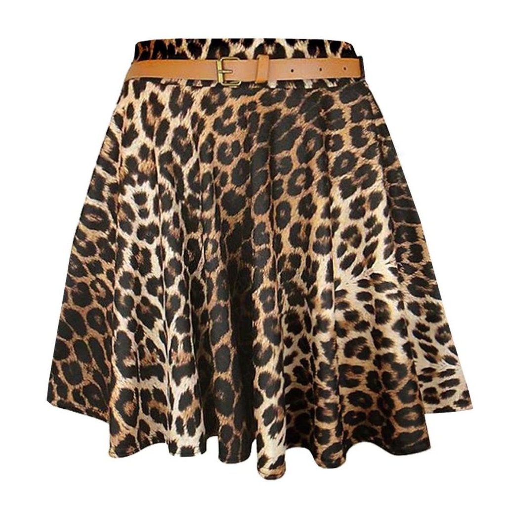 Crazy Girls Womens Ladies Belted Skater Pleated Jersey Plain Leopard Party Skirt