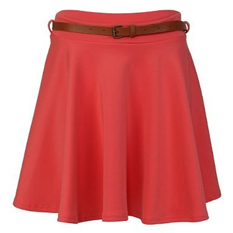Crazy Girls Womens Ladies Belted Skater Pleated Jersey Plain coral Party Skirt