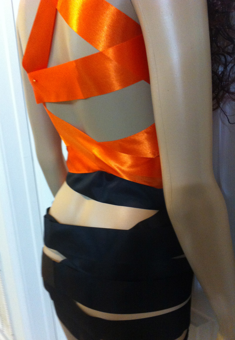 Orange black bandage dress made of rhythmic gymnastics ribbons 2