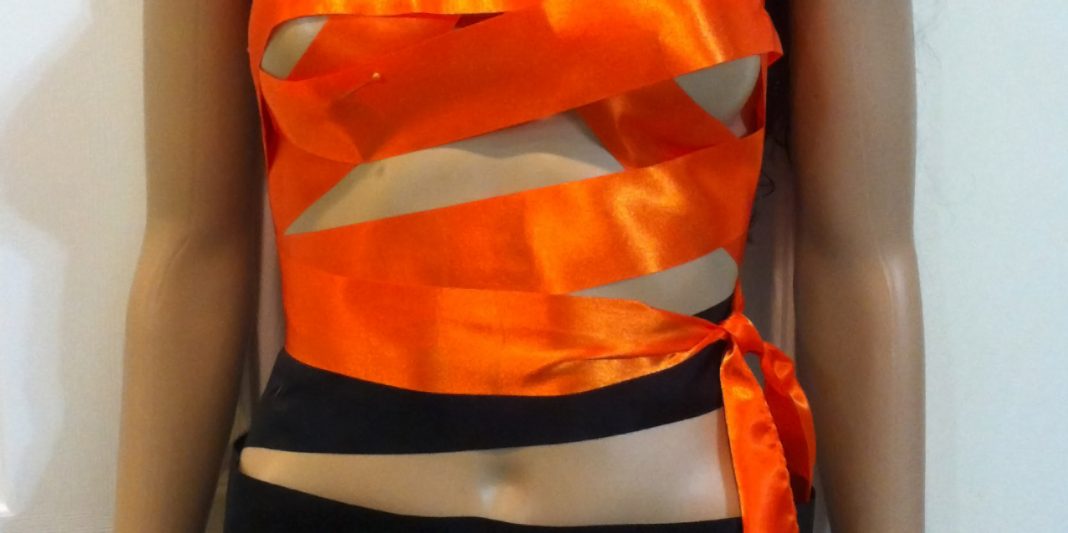 Orange black bandage dress made of rhythmic gymnastics ribbons fimg