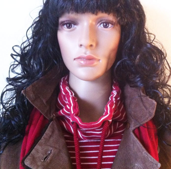 mannequin red white striped top brown leather jacket burgundy pashmina scarf